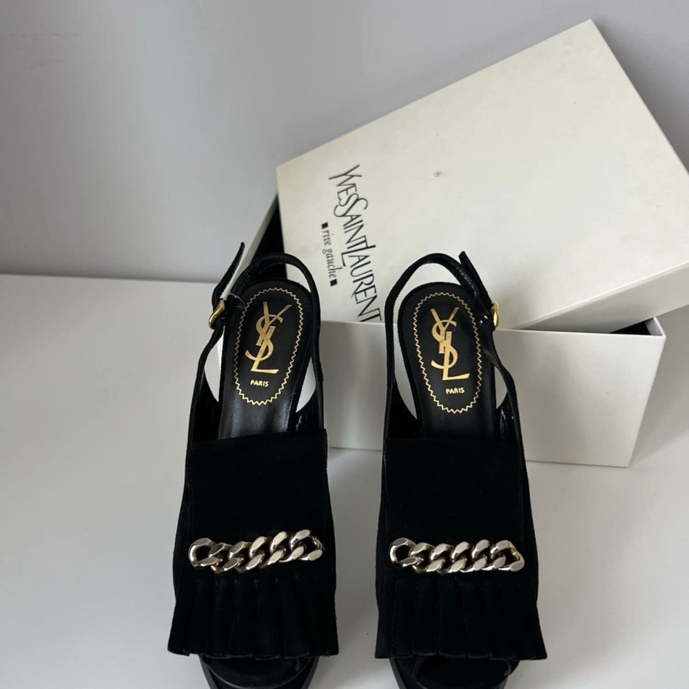 Yves Saint Laurent Black Heels with Chain Accent - Picture 3 of 5